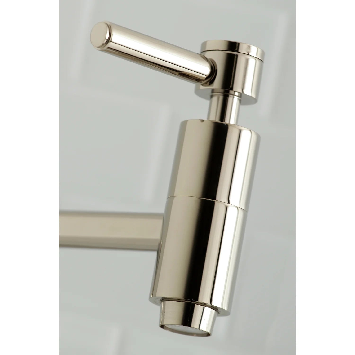 Polished nickel pot filler faucet with tall cylindrical body and lever handle
