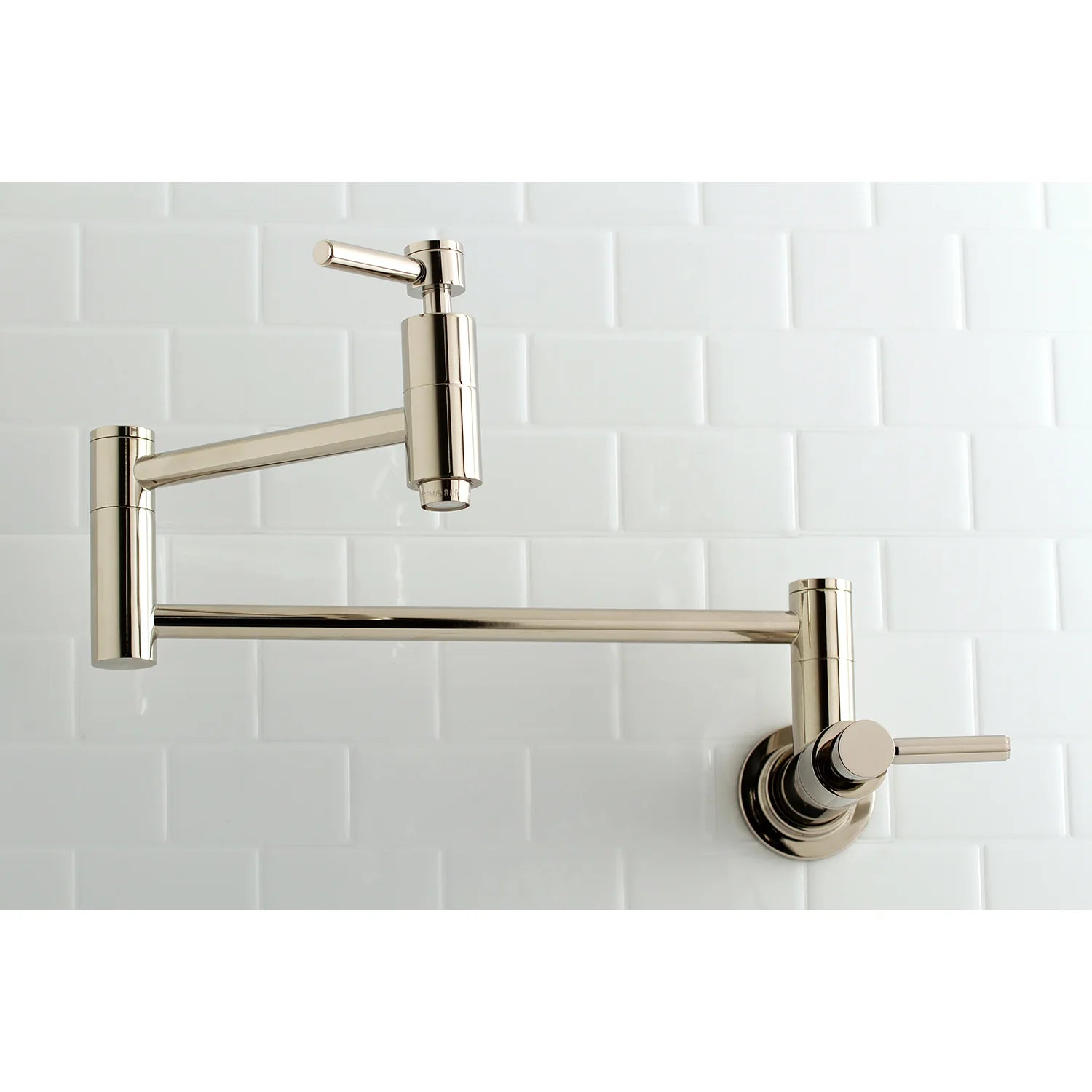 Polished nickel wall-mount pot filler faucet with side lever handles and horizontal bar