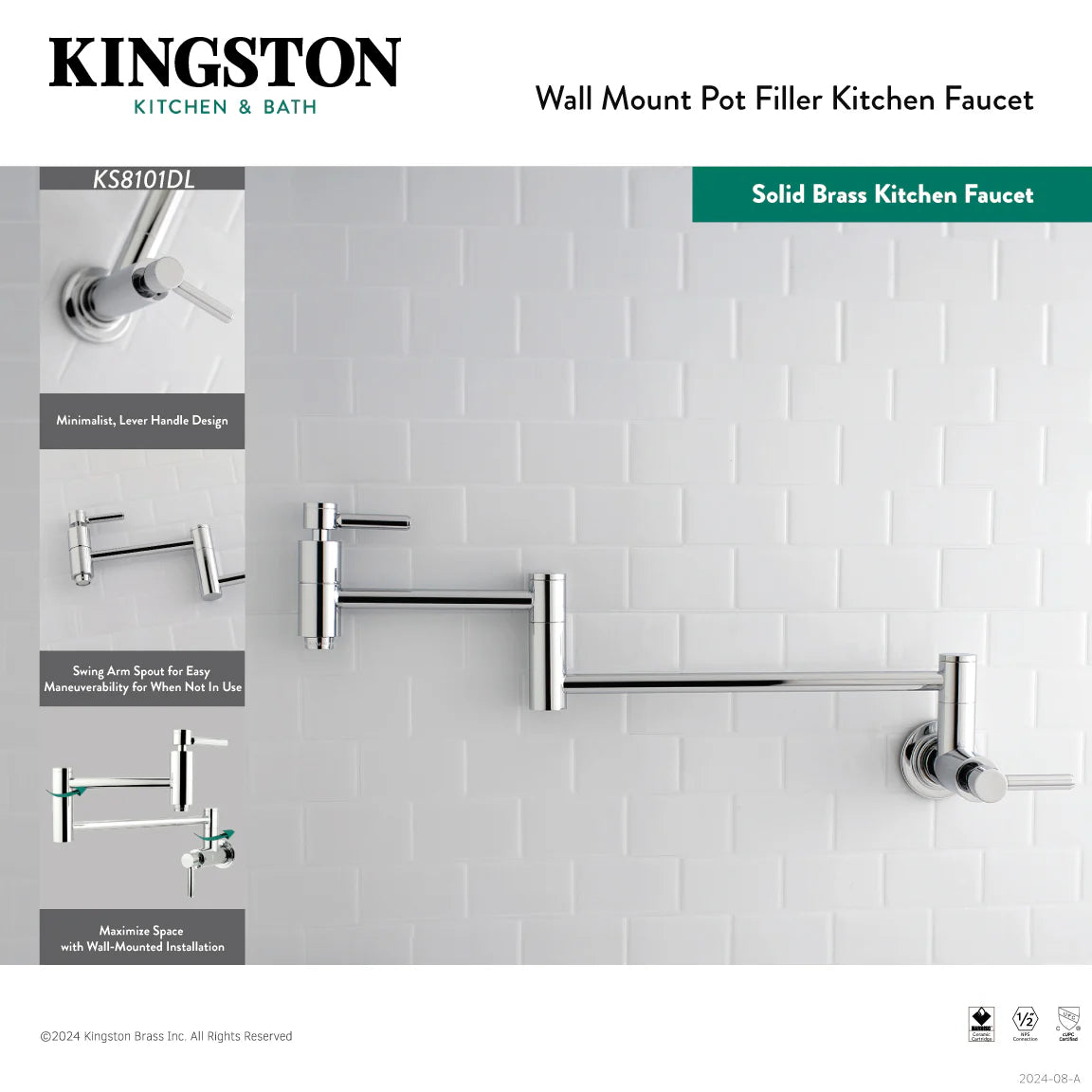 Wall-mount pot filler kitchen faucet in brushed nickel, shown in product layout