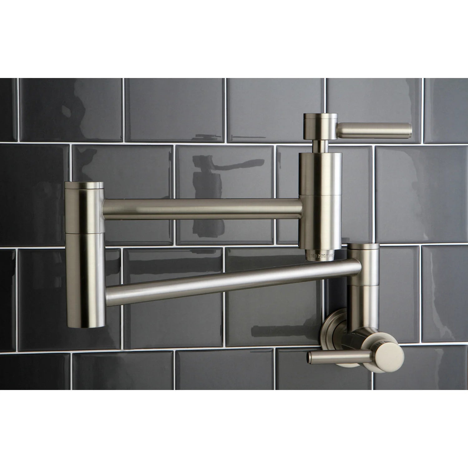 Brushed nickel wall-mount pot filler faucet with spout and round control handle