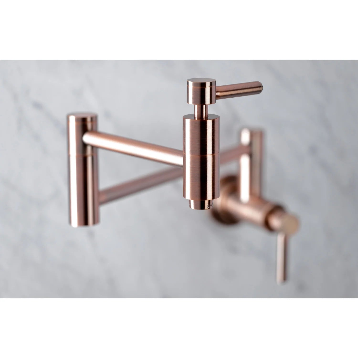 Antique copper pot filler faucet with tall center spout and lever handles