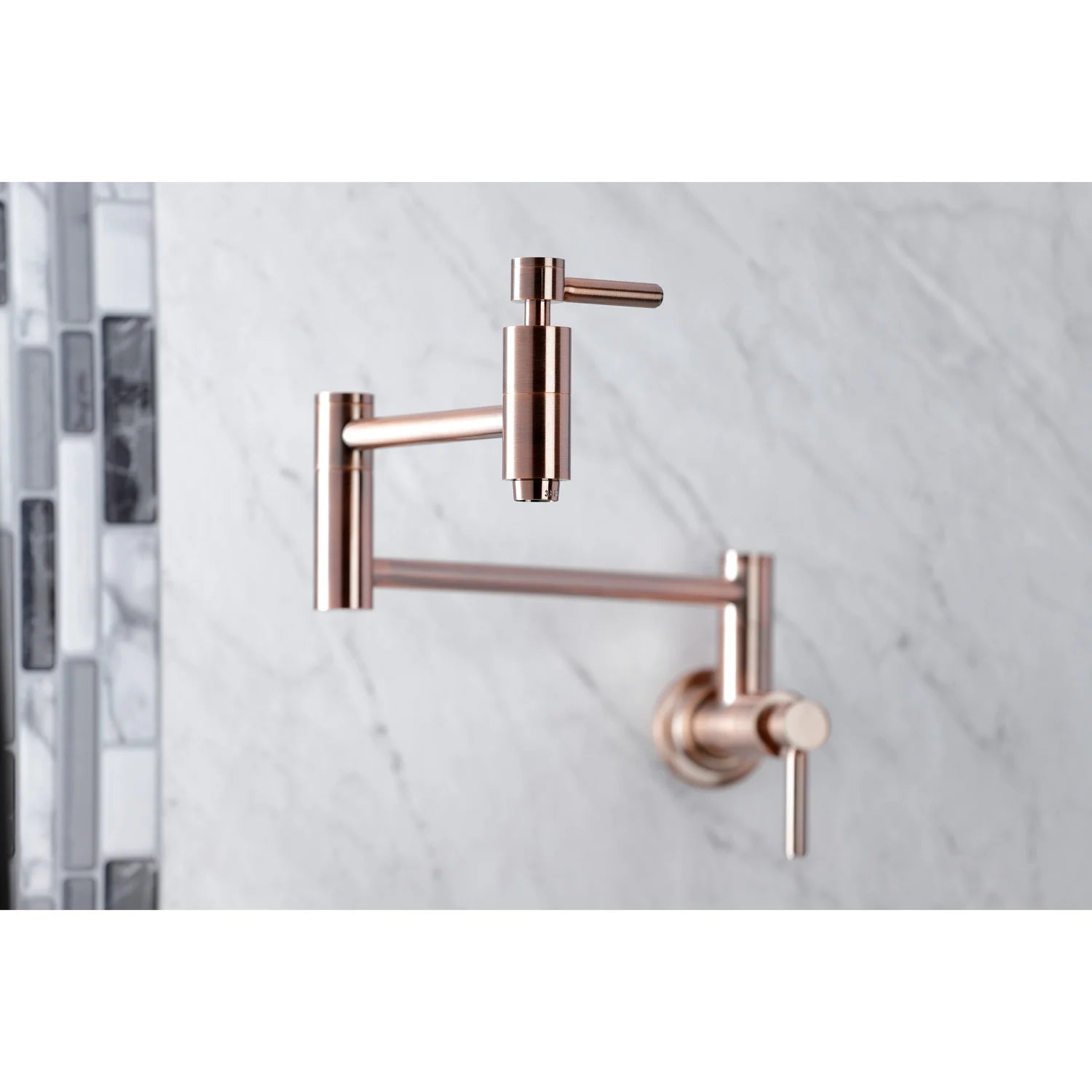 Antique copper wall-mount pot filler faucet with two vertical arms and side outlets