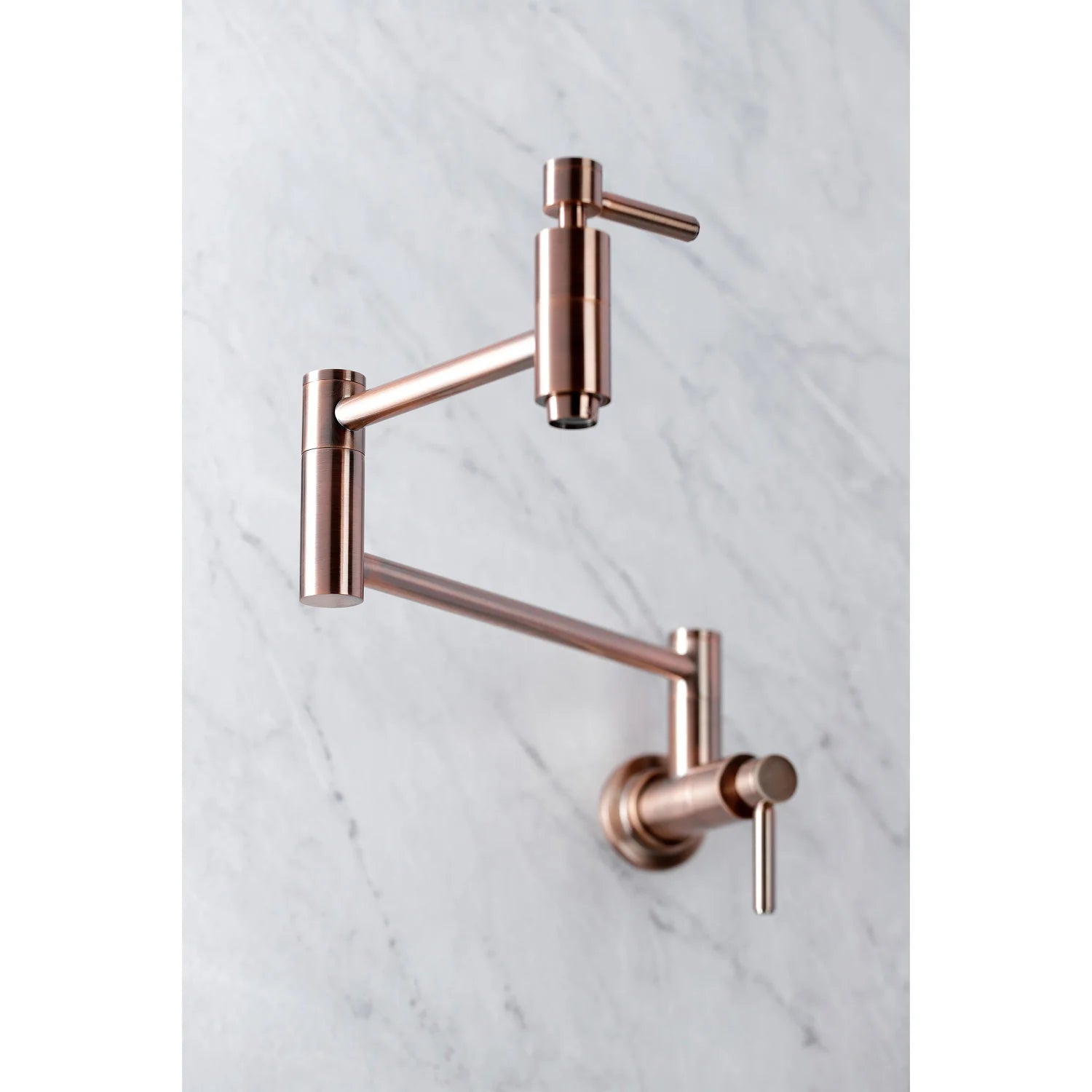 Antique copper wall-mount pot filler faucet with vertical spout and pull handles