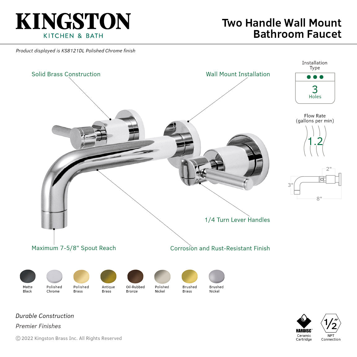 Concord Double-Handle Wall Mount Bathroom Faucet in Matte Black