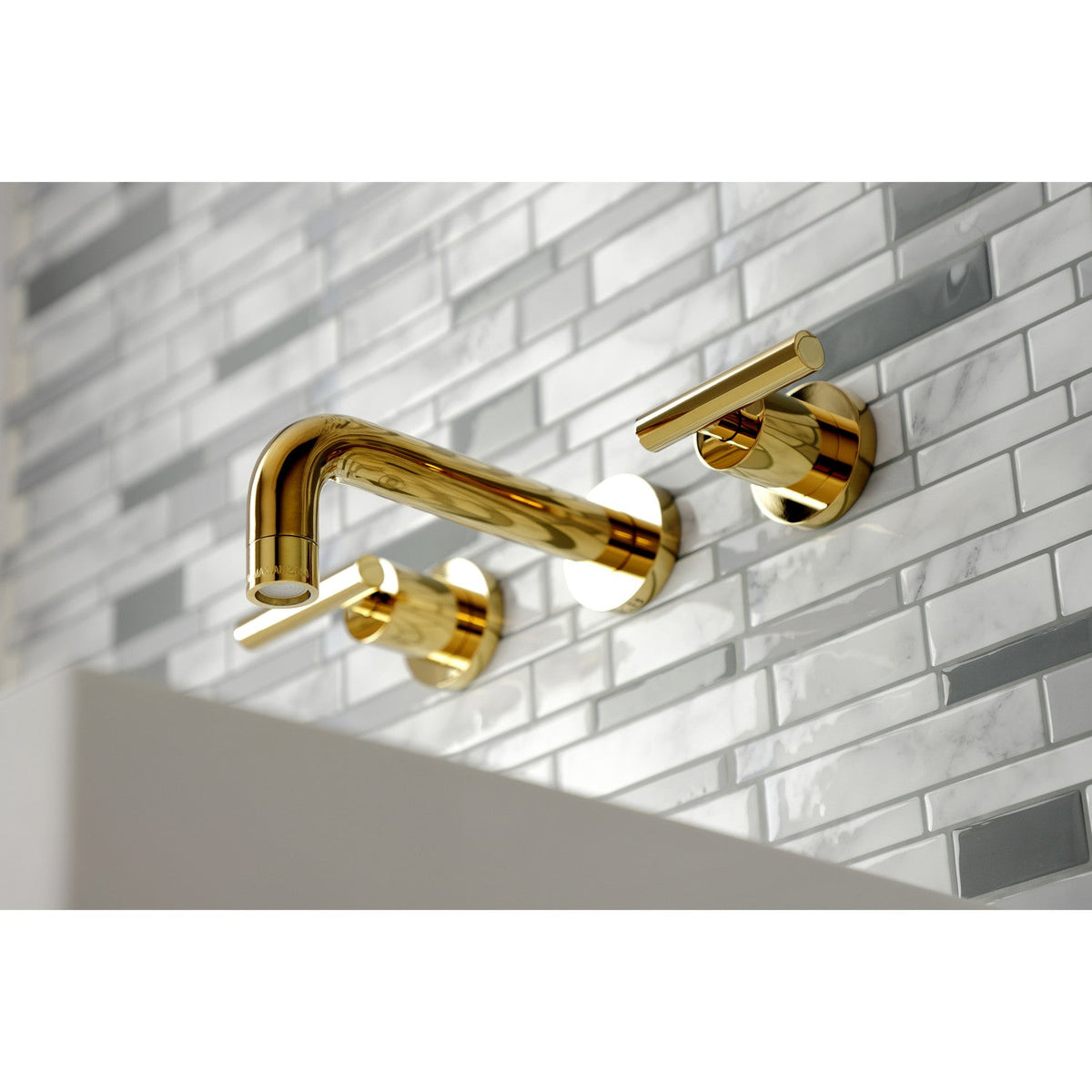 Manhattan Double-Handle Wall Mount Bathroom Faucet in Polished Brass
