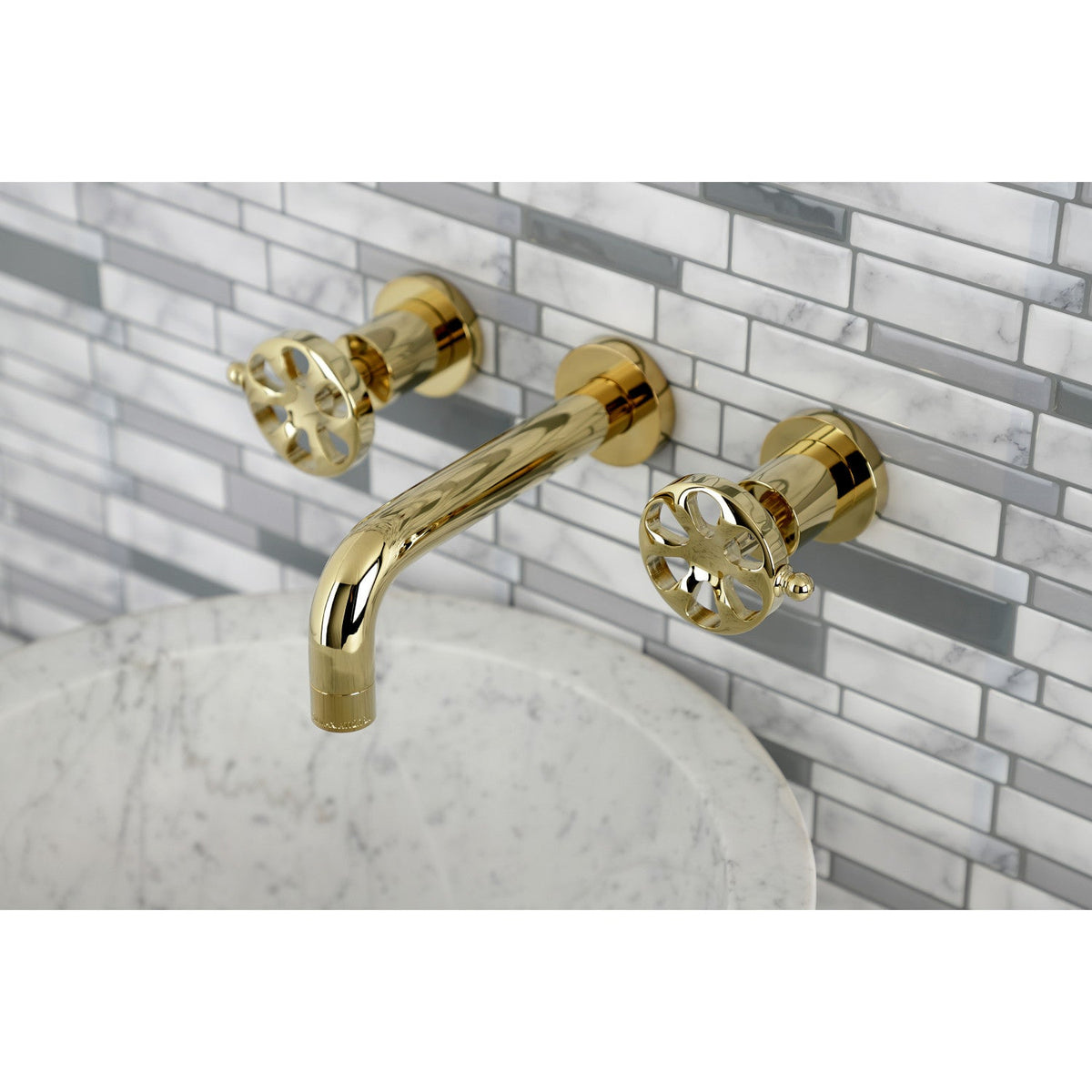 Belknap Double-Handle Wall Mount Bathroom Faucet in Polished Brass