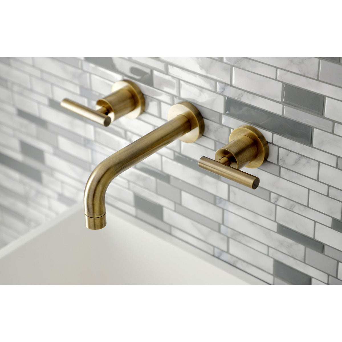 Manhattan Double-Handle Wall Mount Bathroom Faucet in Antique Brass