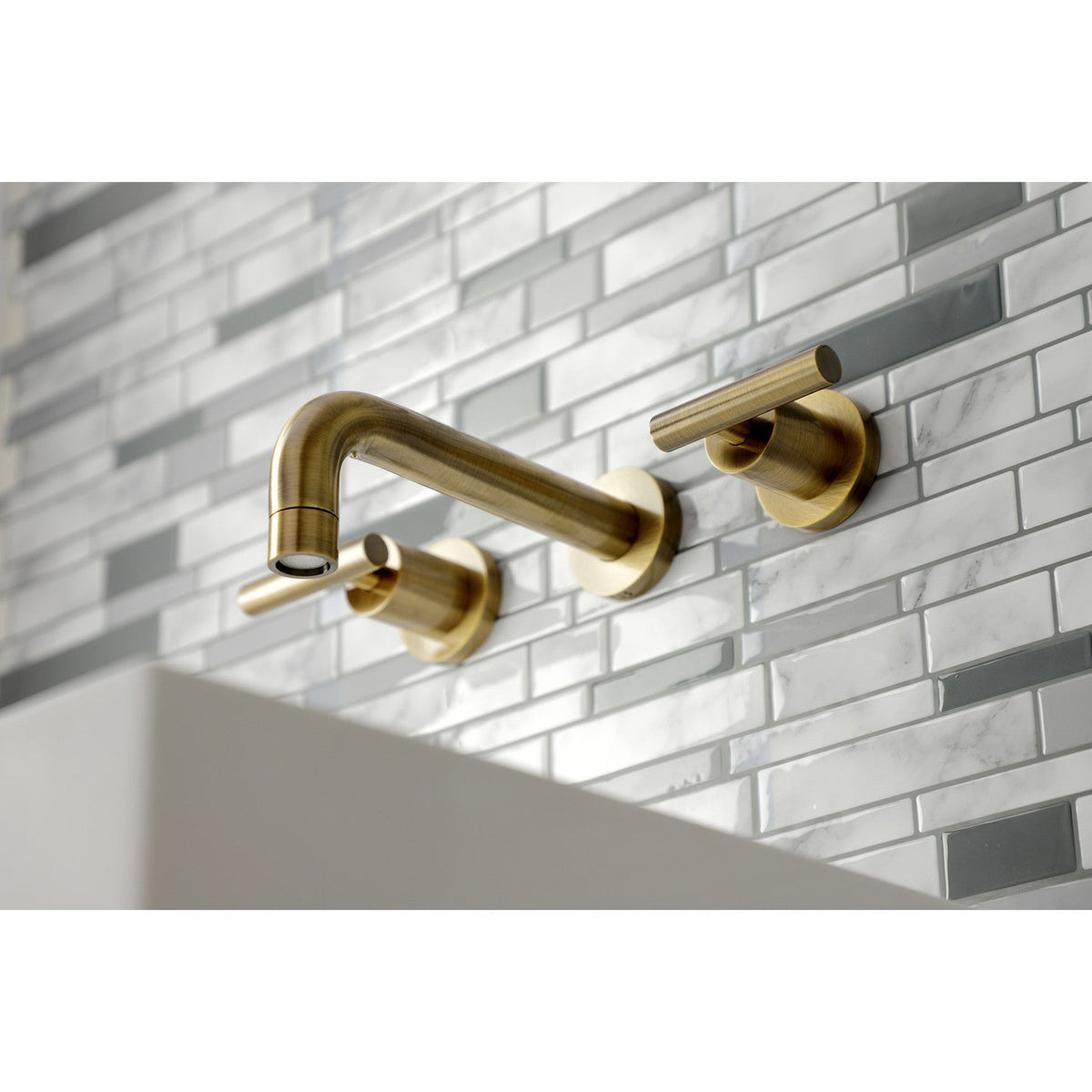 Manhattan Double-Handle Wall Mount Bathroom Faucet in Antique Brass