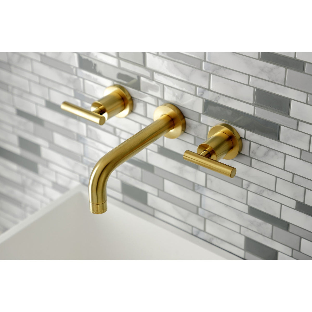 Manhattan Double-Handle Wall Mount Bathroom Faucet in Brushed Brass