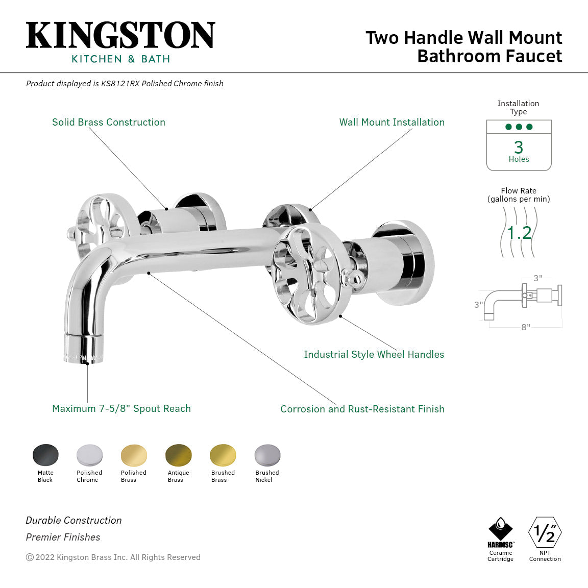 Belknap Double-Handle Wall Mount Bathroom Faucet in Brushed Brass