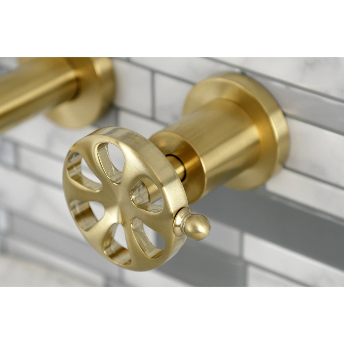 Belknap Double-Handle Wall Mount Bathroom Faucet in Brushed Brass