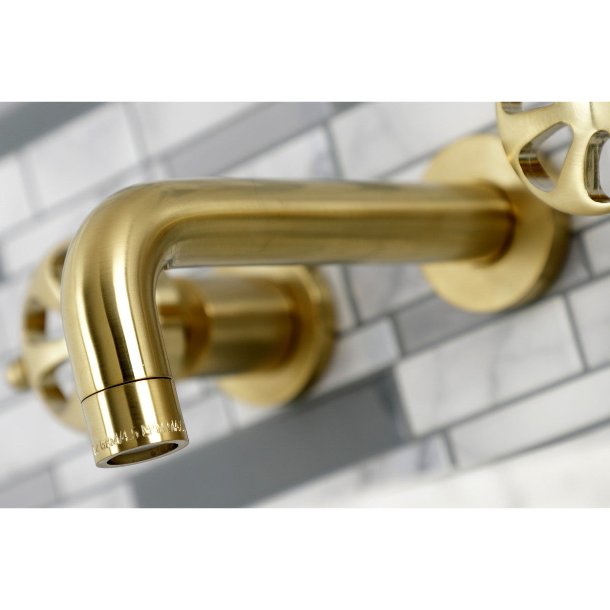 Belknap Double-Handle Wall Mount Bathroom Faucet in Brushed Brass