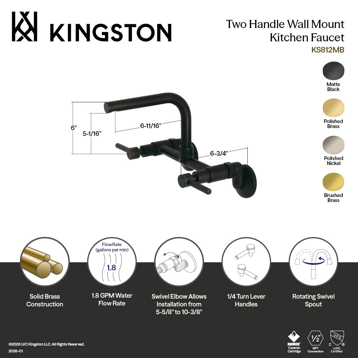 Concord Double-Handle Wall-Mount Bridge Kitchen Faucet in Polished Brass