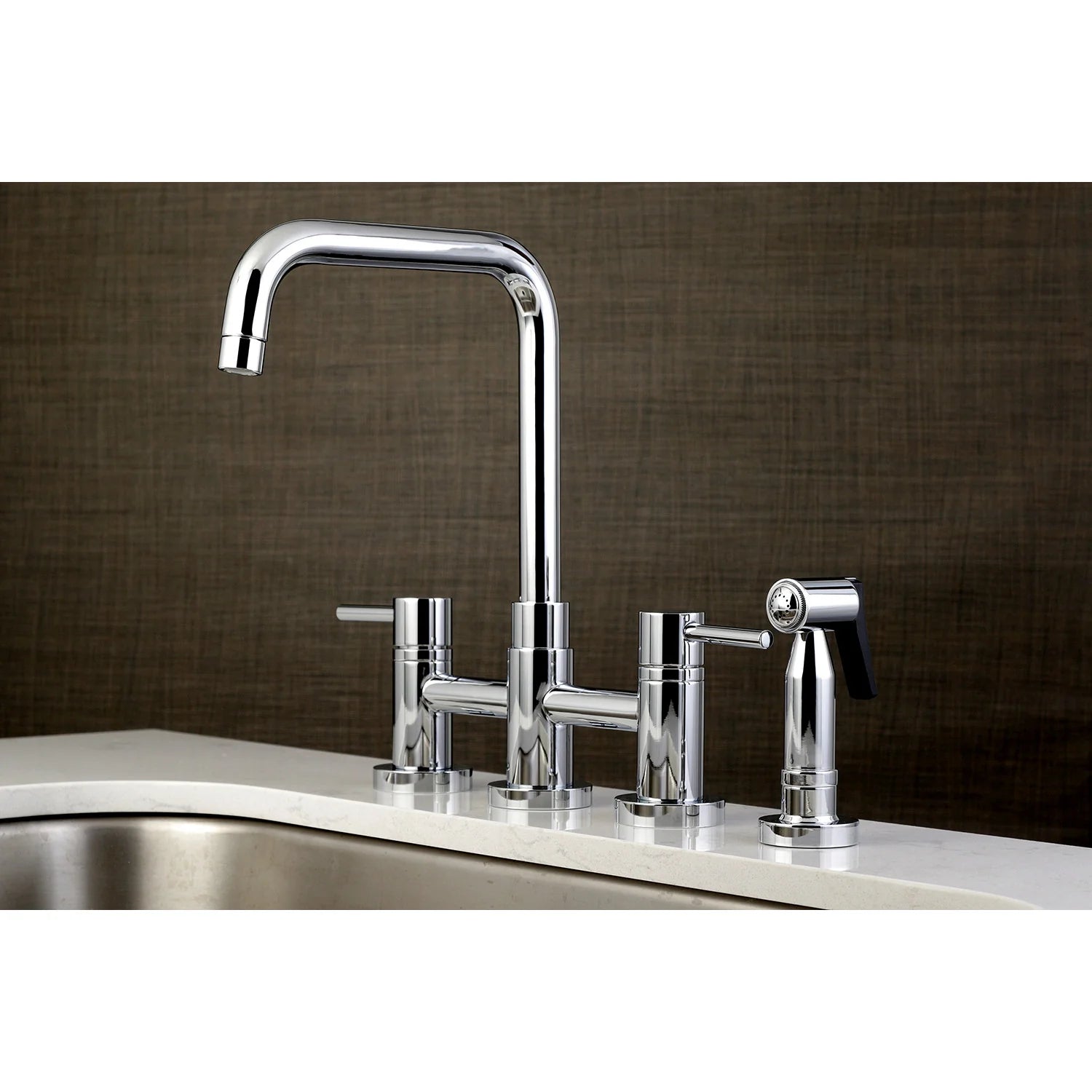 Polished chrome bridge kitchen faucet with side sprayer and 4 deck handles