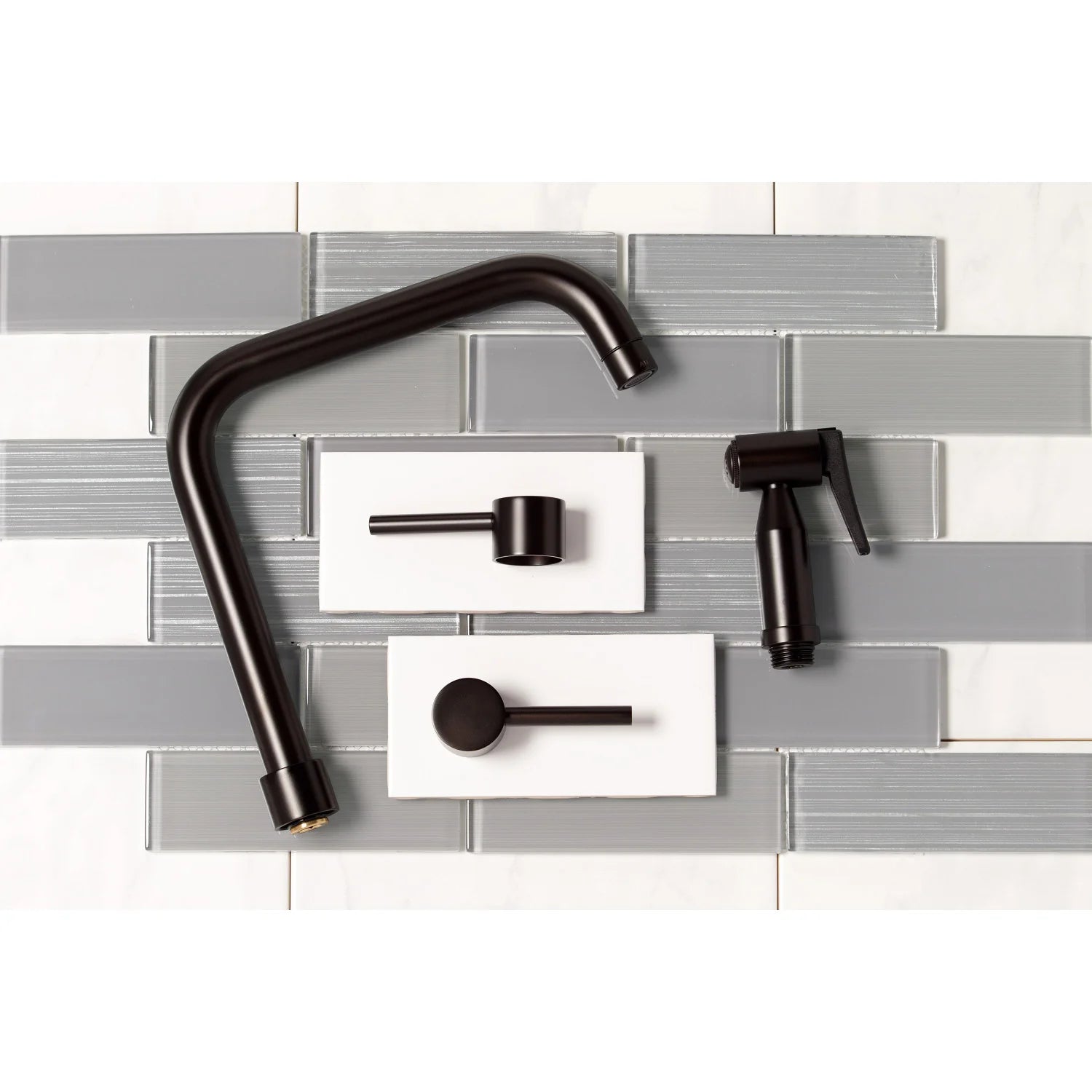 Oil-rubbed bronze bridge faucet with deck-mounted handles and side sprayer