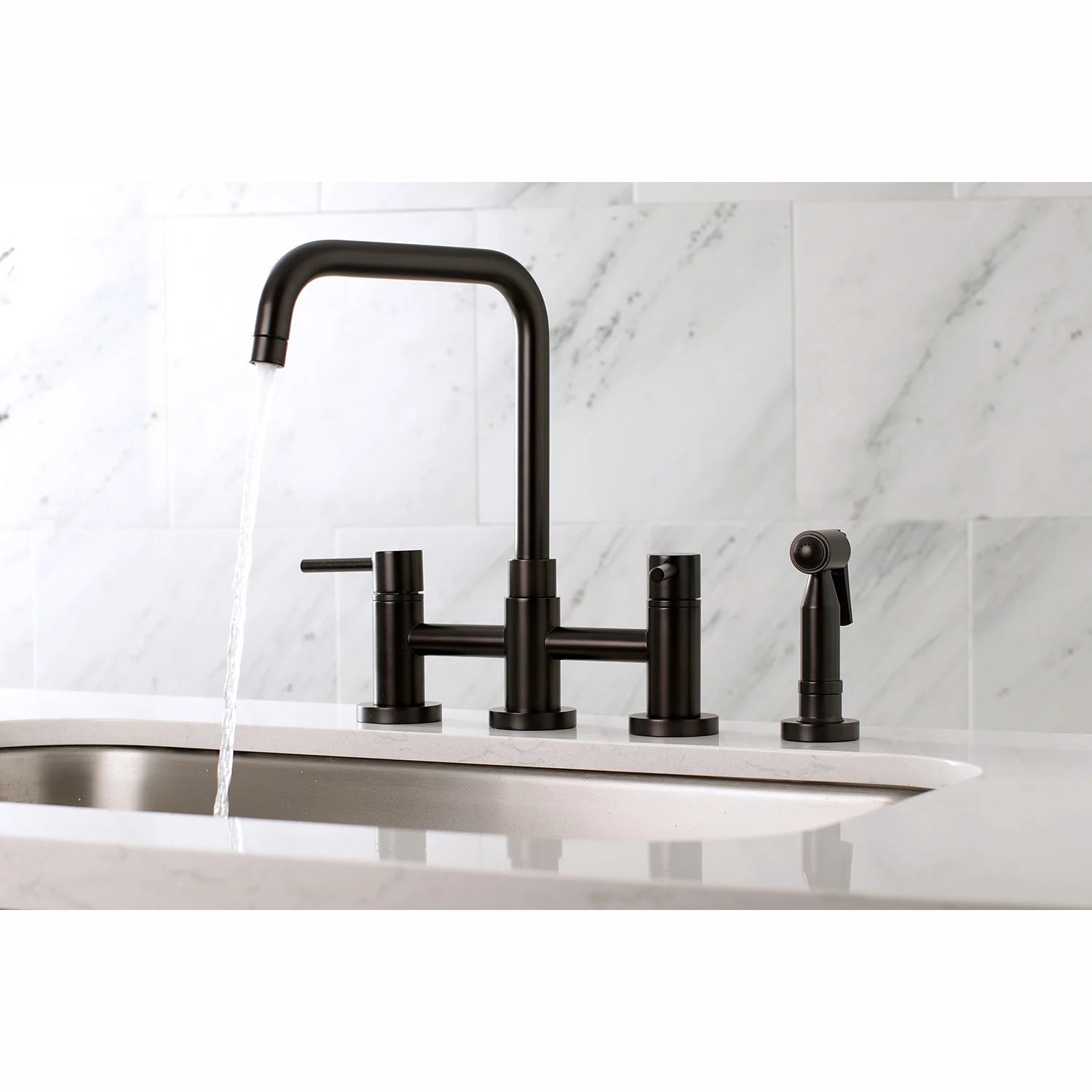 Oil-rubbed bronze 3-hole kitchen faucet with side sprayer and curved spout
