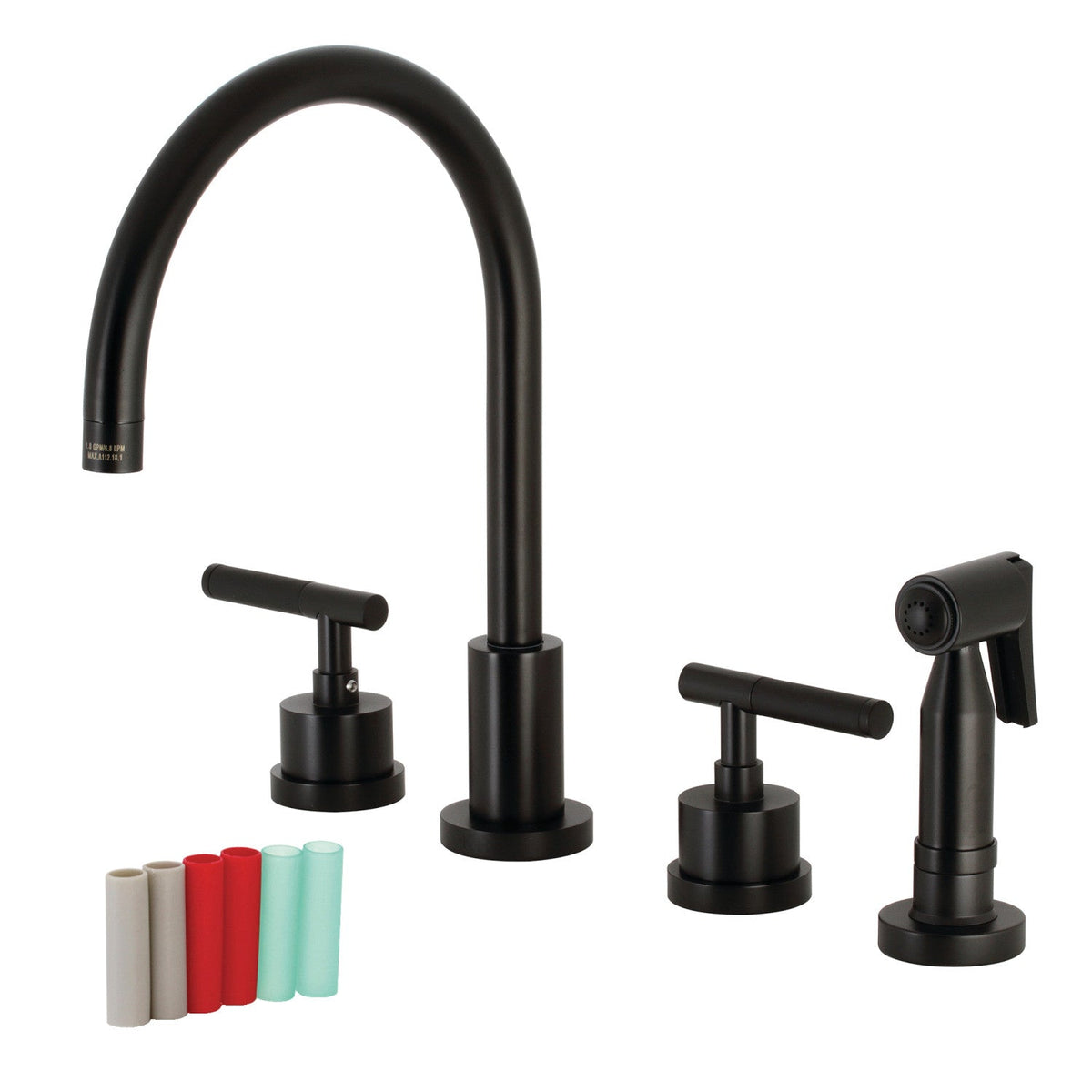 Kaiser Double-Handle Widespread Kitchen Faucet with Brass Sprayer in Matte Black