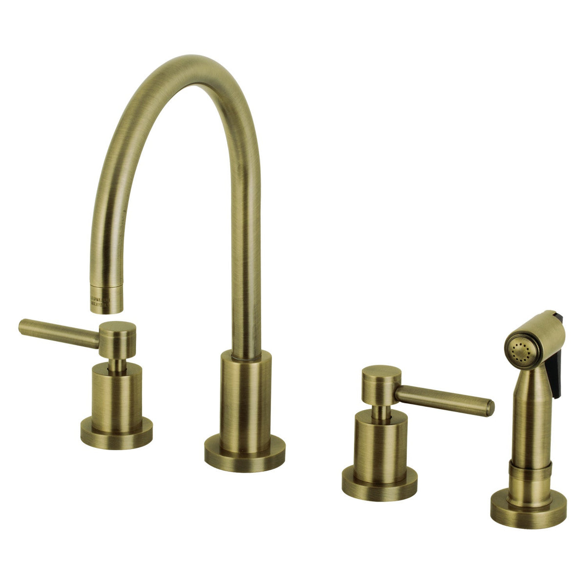 Concord Double-Handle Widespread Kitchen Faucet with Brass Sprayer in Antique Brass