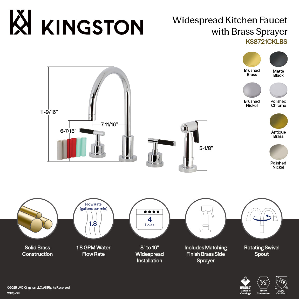 Kaiser Double-Handle Widespread Kitchen Faucet with Brass Sprayer in Polished Nickel