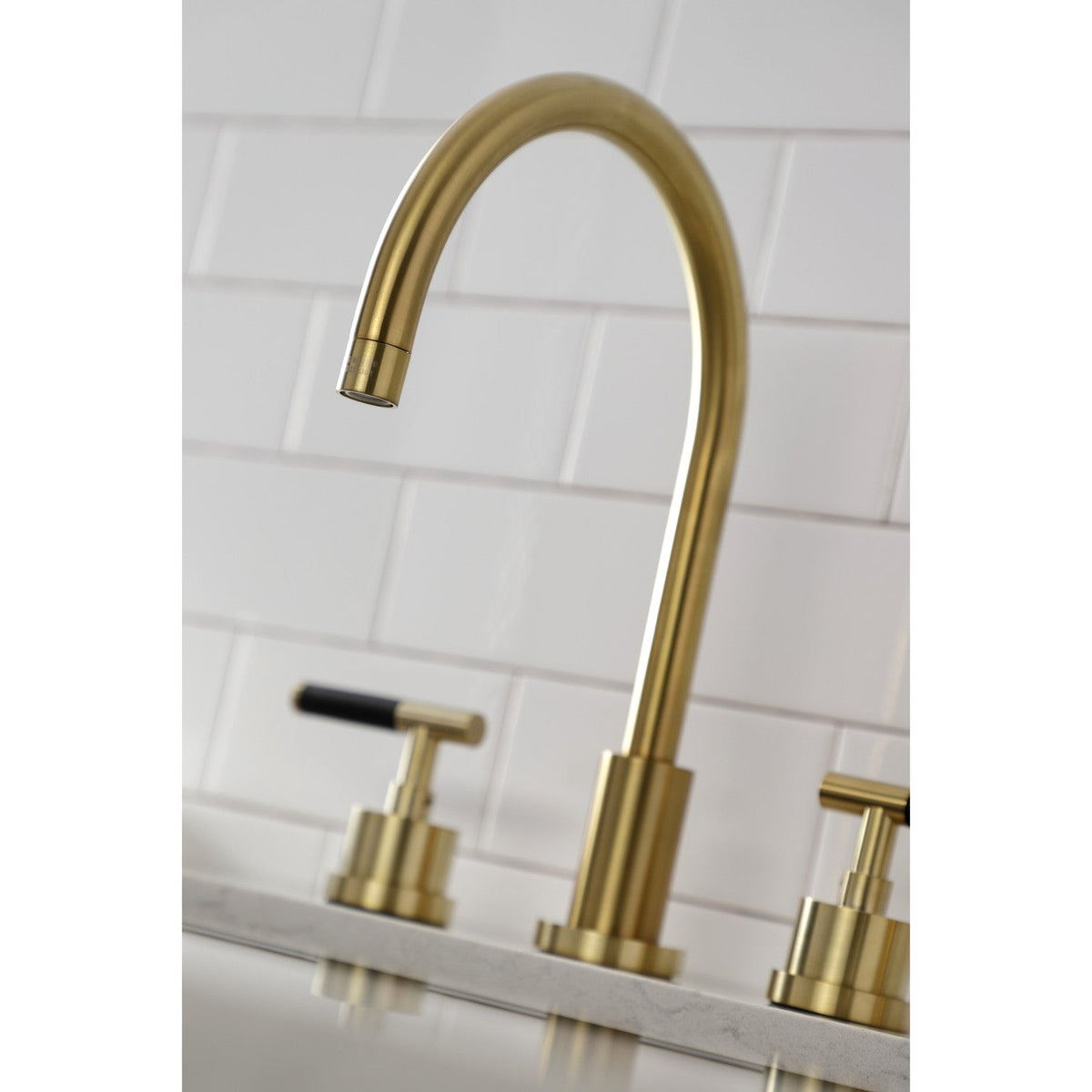 Kaiser Double-Handle Widespread Kitchen Faucet with Brass Sprayer in Brushed Brass