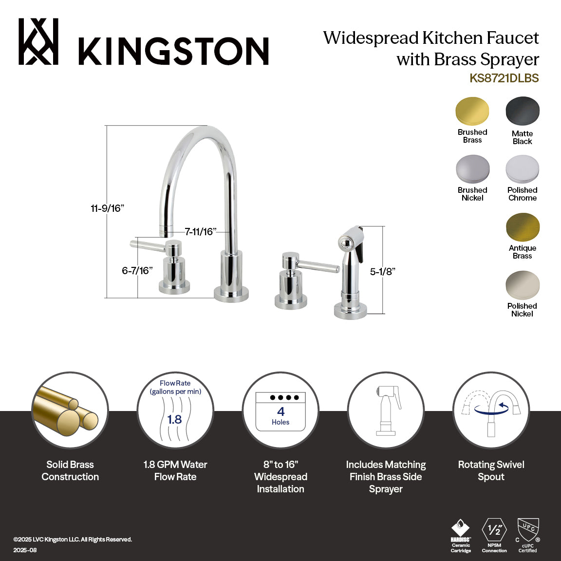 Concord Double-Handle Widespread Kitchen Faucet with Brass Sprayer in Brushed Brass
