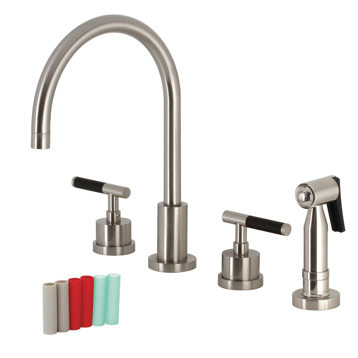 Kaiser Double-Handle Widespread Kitchen Faucet with Brass Sprayer in Brushed Nickel