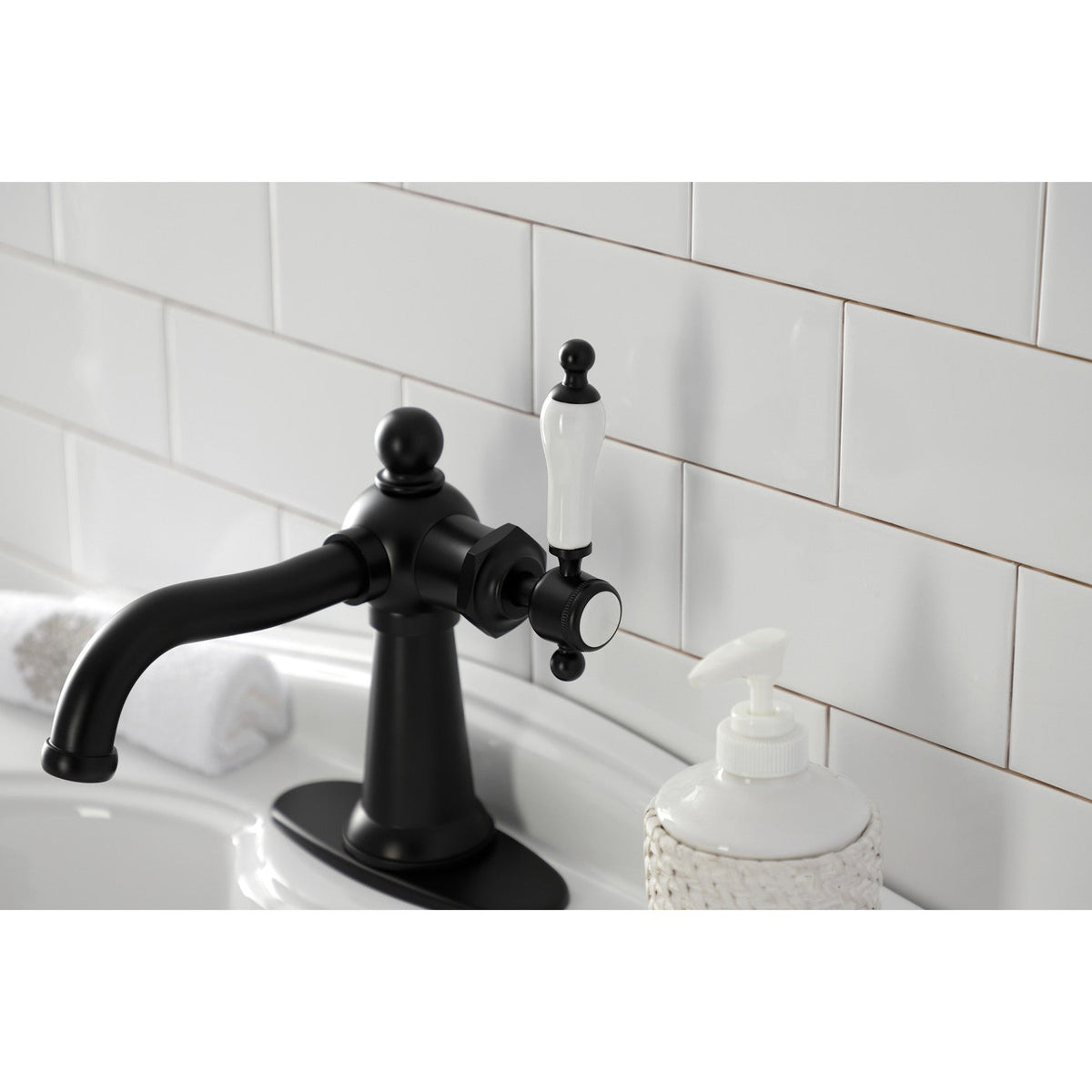 Nautical One-Handle Single-Hole Bathroom Faucet with Deck Plate and Push Pop-Up Drain in Matte Black