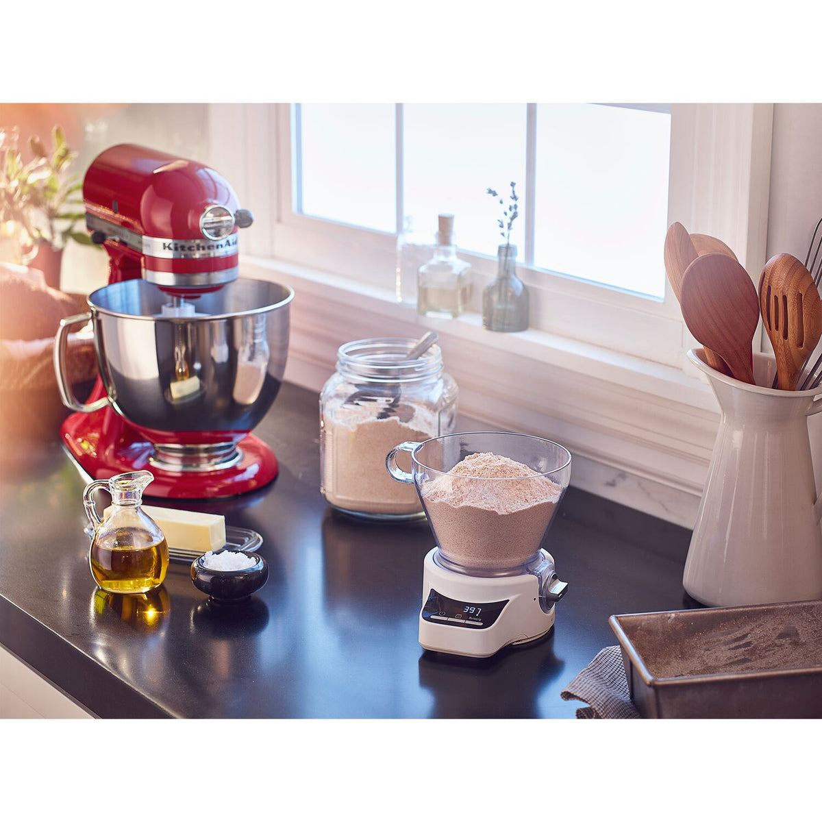 Kitchen mixer sifter and scale attachment with red hopper and clear flour chamber