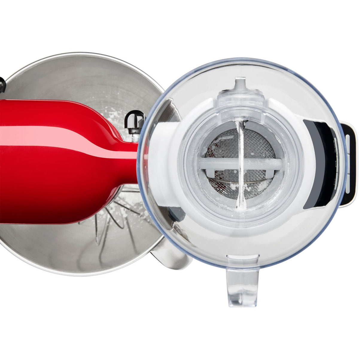 Round sifter attachment with fine mesh screen and clear lid over the hopper