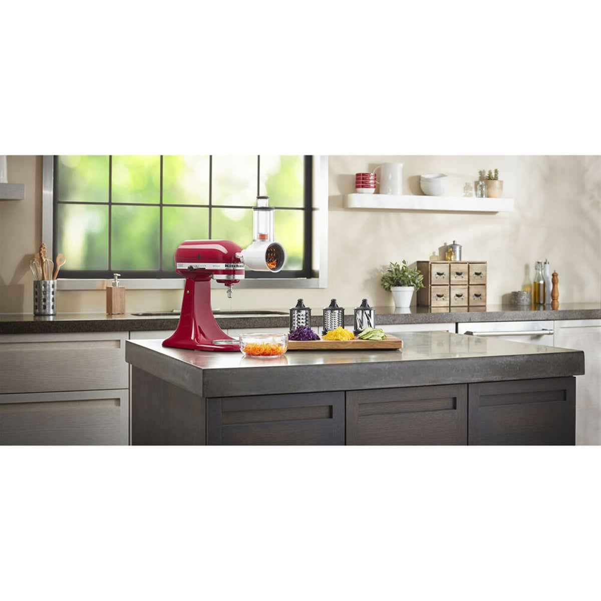 KitchenAid Fresh Prep slicer/shredder attachment on red stand mixer with food on tray