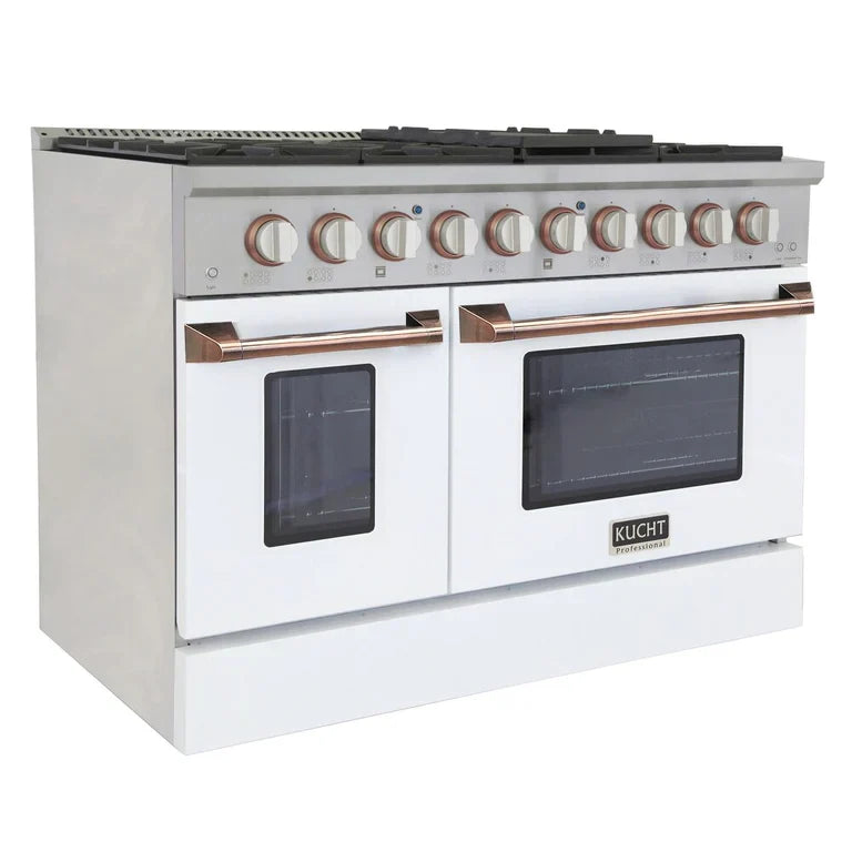 White propane gas range with two oven doors, rose gold handles, top burner grates