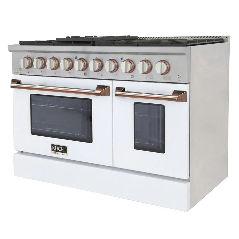 White propane gas range with dual oven doors, rose gold handles, row of control knobs