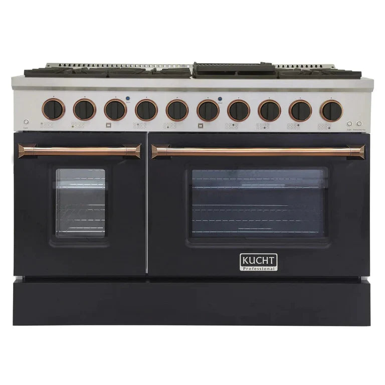 Propane gas range with black oven doors, gold handle accents, and stainless control panel