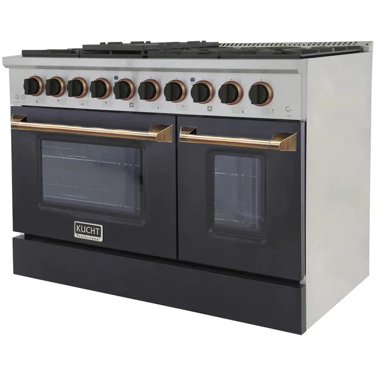Propane gas range side angle with black oven doors, stainless top, and round burner knobs