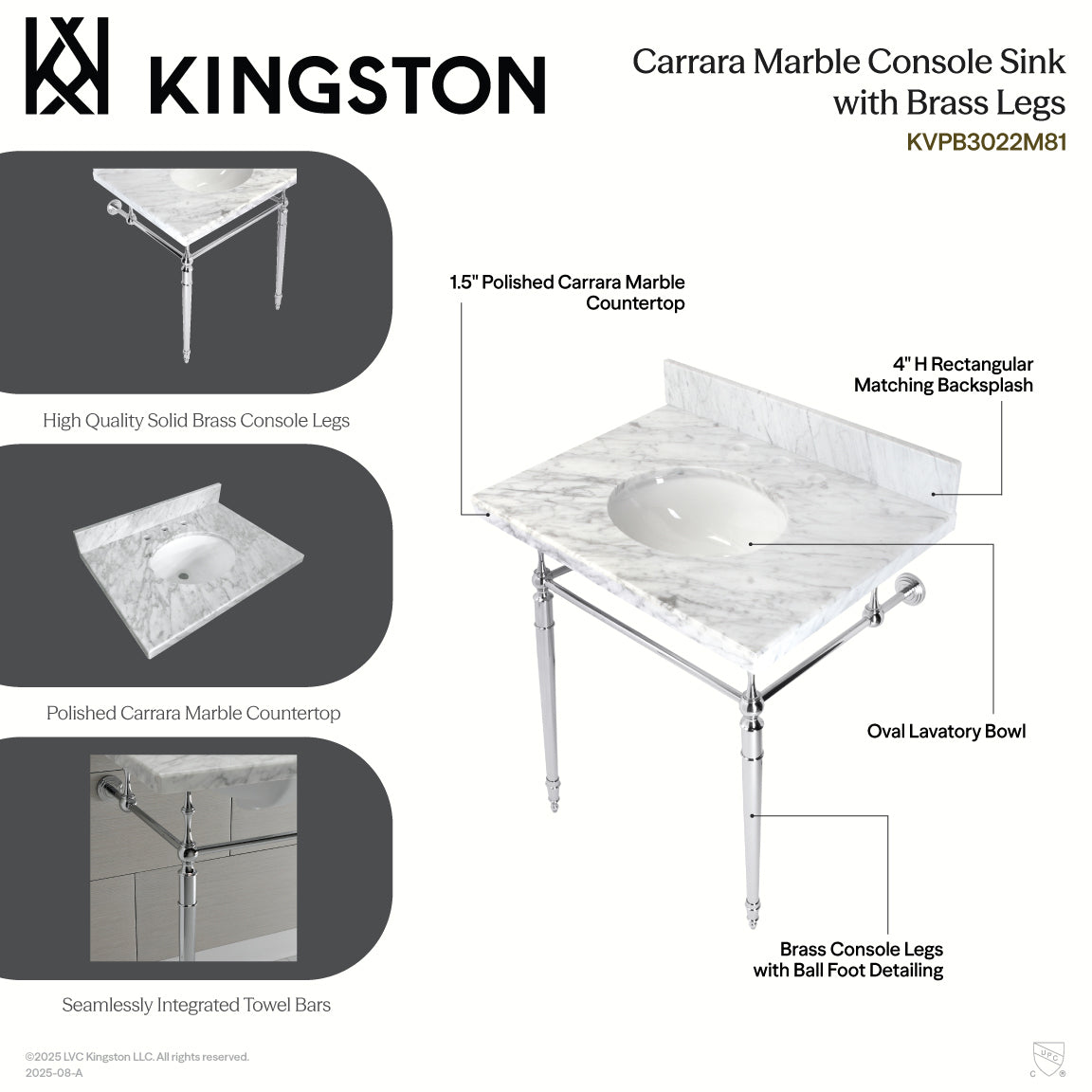 Edwardian 30" Carrara Marble Console Sink with Brass Legs (8-Inch, 3-Hole) in Carrara Marble White/Brushed Brass