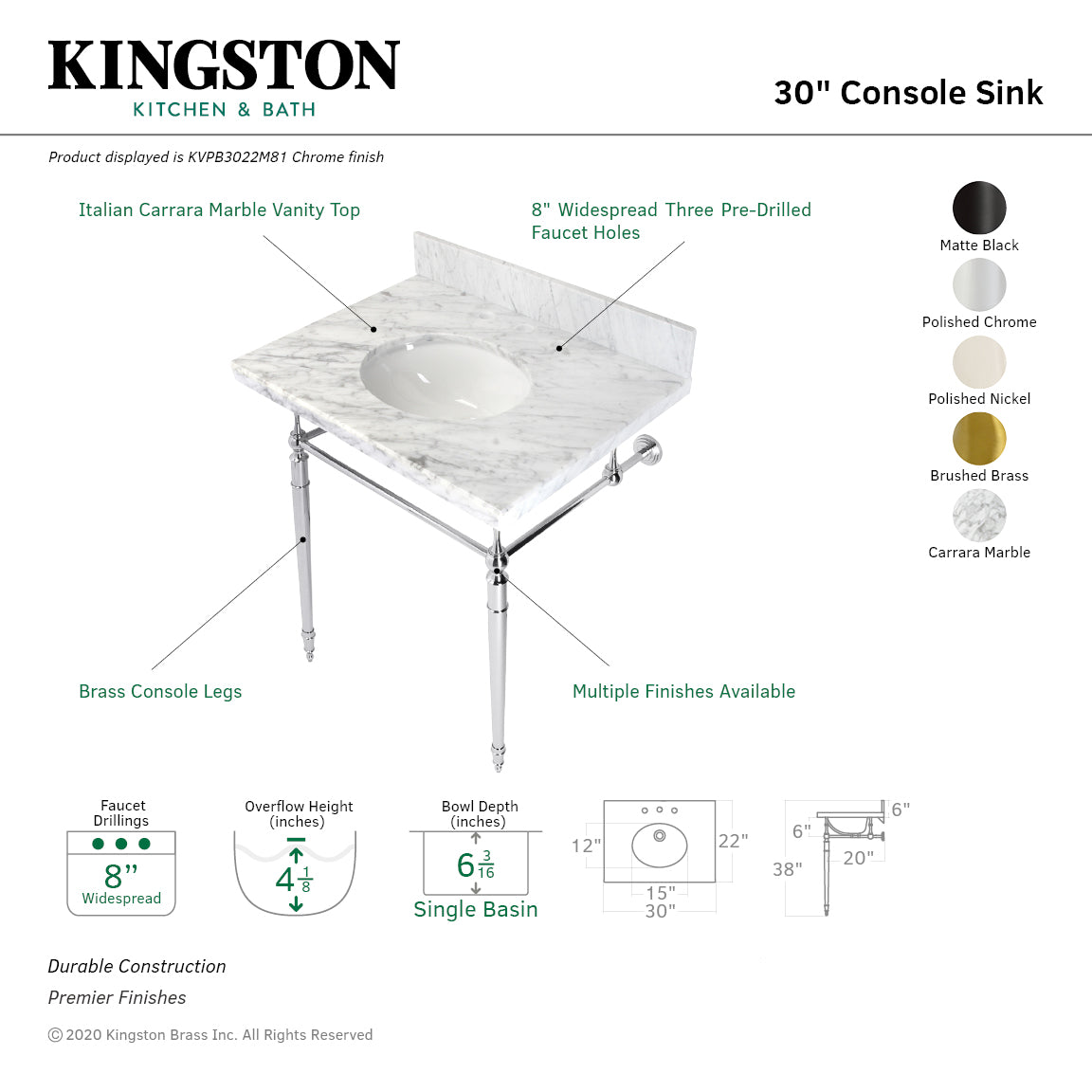 Edwardian 30" Carrara Marble Console Sink with Brass Legs (8-Inch, 3-Hole) in Carrara Marble White/Brushed Brass