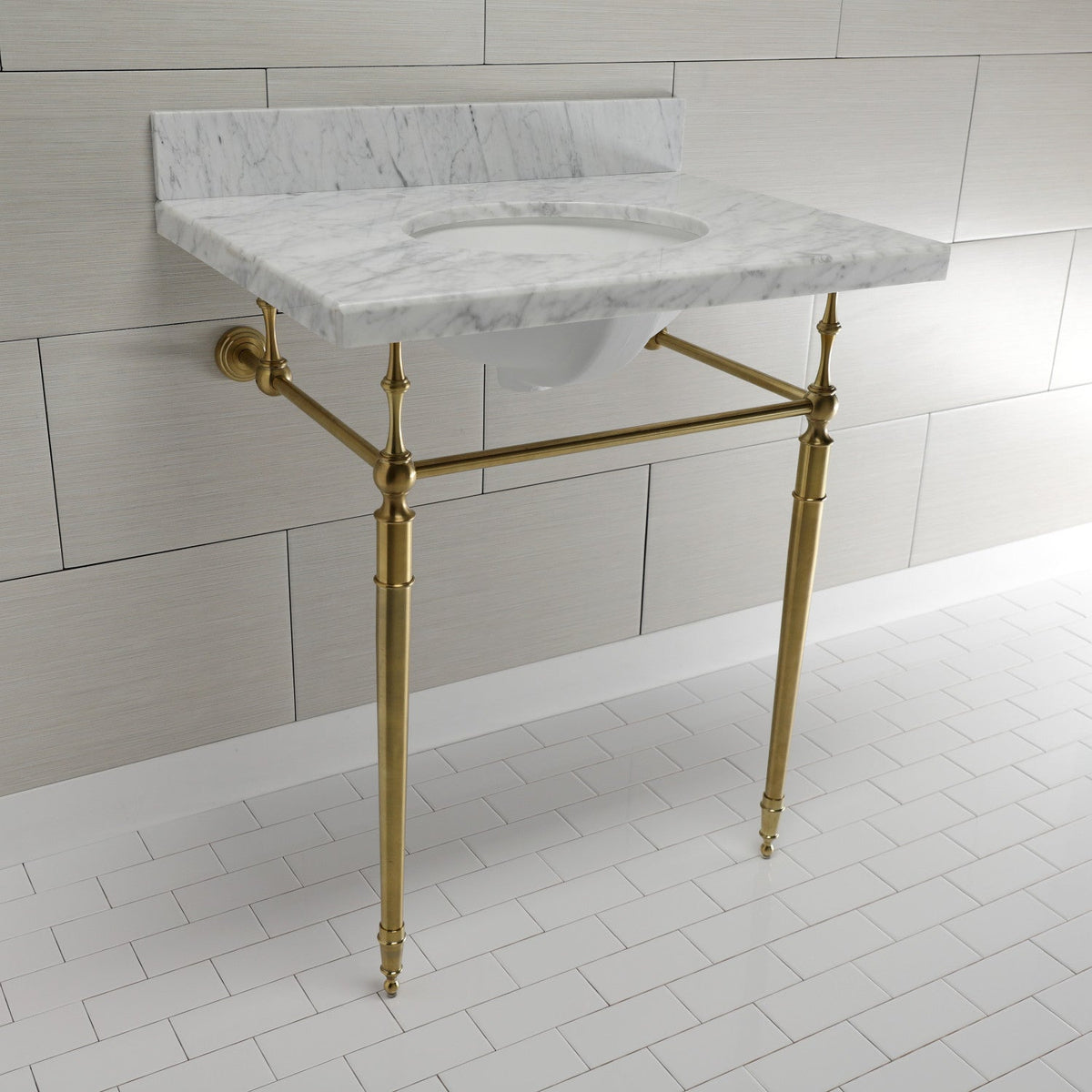 Edwardian 30" Carrara Marble Console Sink with Brass Legs (8-Inch, 3-Hole) in Carrara Marble White/Brushed Brass
