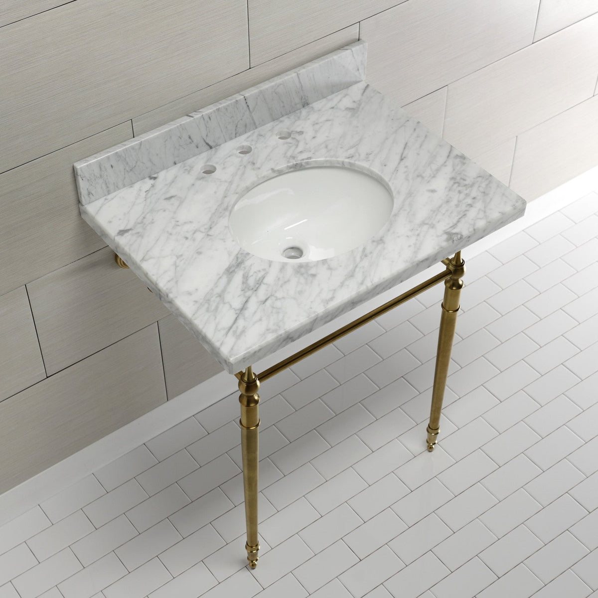 Edwardian 30" Carrara Marble Console Sink with Brass Legs (8-Inch, 3-Hole) in Carrara Marble White/Brushed Brass
