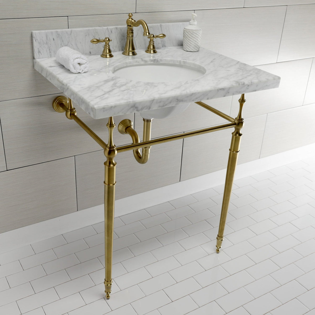 Edwardian 30" Carrara Marble Console Sink with Brass Legs (8-Inch, 3-Hole) in Carrara Marble White/Brushed Brass