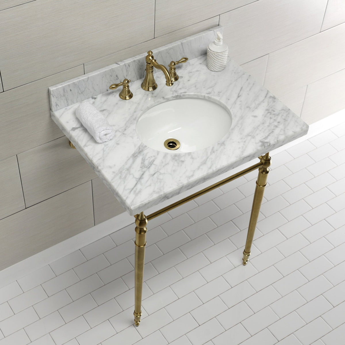 Edwardian 30" Carrara Marble Console Sink with Brass Legs (8-Inch, 3-Hole) in Carrara Marble White/Brushed Brass