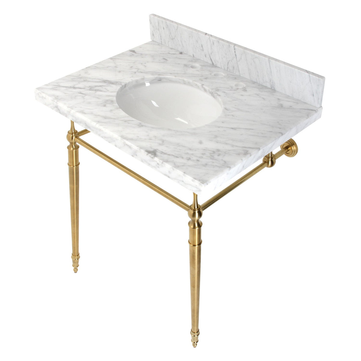 Edwardian 30" Carrara Marble Console Sink with Brass Legs (8-Inch, 3-Hole) in Carrara Marble White/Brushed Brass