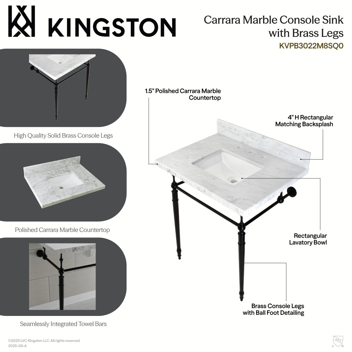 Edwardian 30" Carrara Marble Console Sink with Brass Legs (8-Inch, 3-Hole) in Carrara Marble White/Matte Black