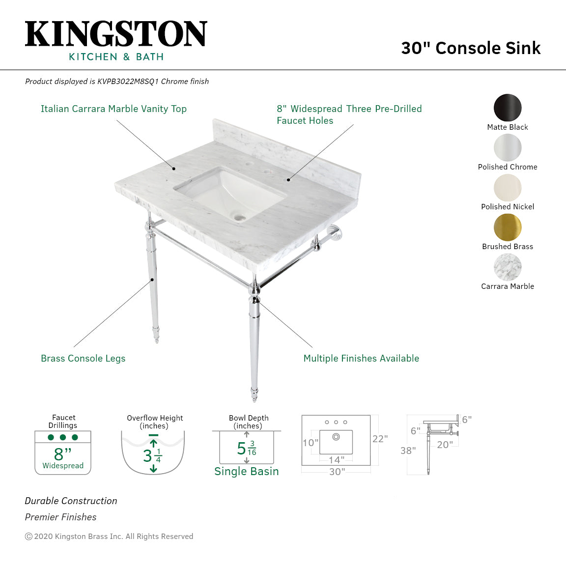 Edwardian 30" Carrara Marble Console Sink with Brass Legs (8-Inch, 3-Hole) in Carrara Marble White/Matte Black