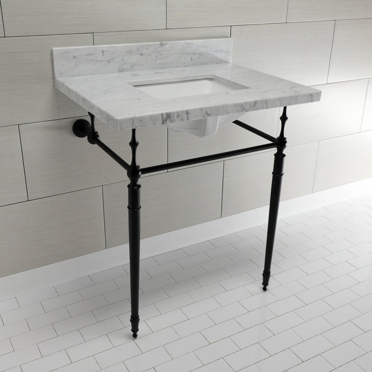 Edwardian 30" Carrara Marble Console Sink with Brass Legs (8-Inch, 3-Hole) in Carrara Marble White/Matte Black
