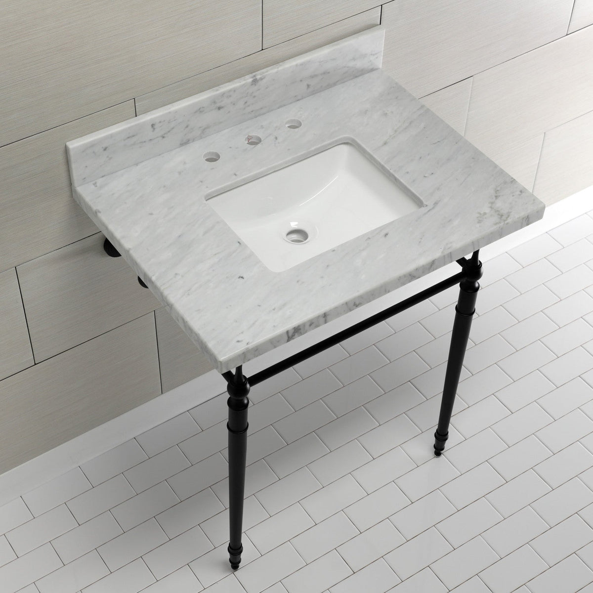 Edwardian 30" Carrara Marble Console Sink with Brass Legs (8-Inch, 3-Hole) in Carrara Marble White/Matte Black