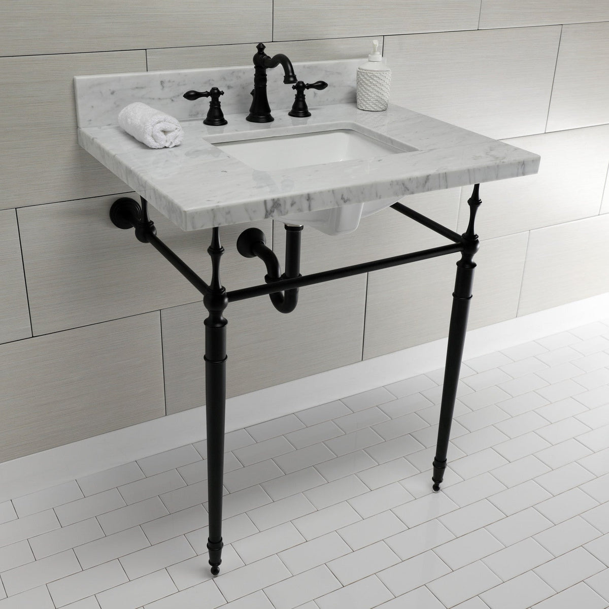 Edwardian 30" Carrara Marble Console Sink with Brass Legs (8-Inch, 3-Hole) in Carrara Marble White/Matte Black