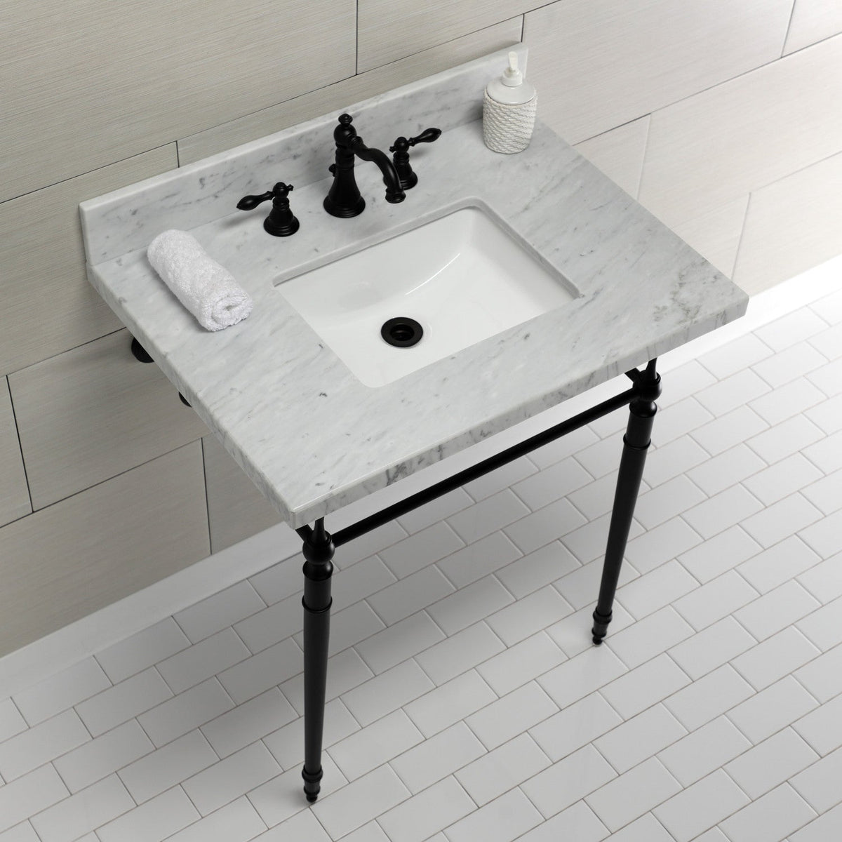 Edwardian 30" Carrara Marble Console Sink with Brass Legs (8-Inch, 3-Hole) in Carrara Marble White/Matte Black