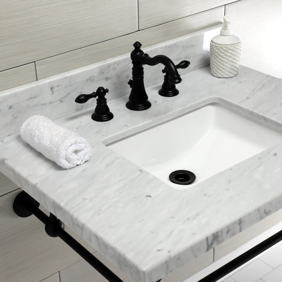 Edwardian 30" Carrara Marble Console Sink with Brass Legs (8-Inch, 3-Hole) in Carrara Marble White/Matte Black