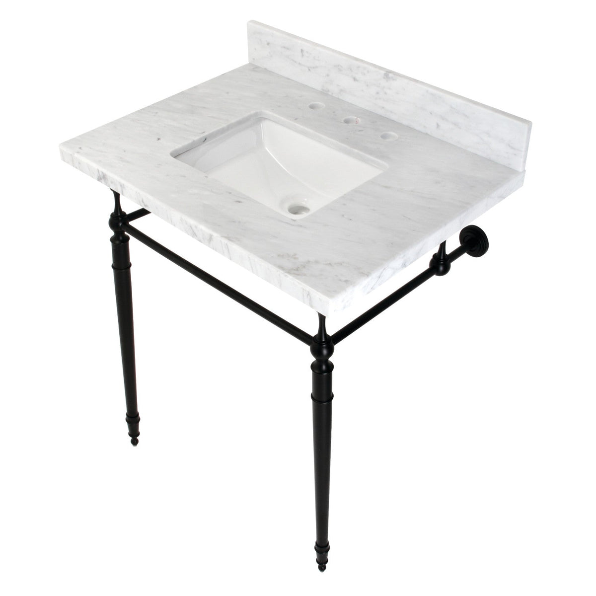 Edwardian 30" Carrara Marble Console Sink with Brass Legs (8-Inch, 3-Hole) in Carrara Marble White/Matte Black