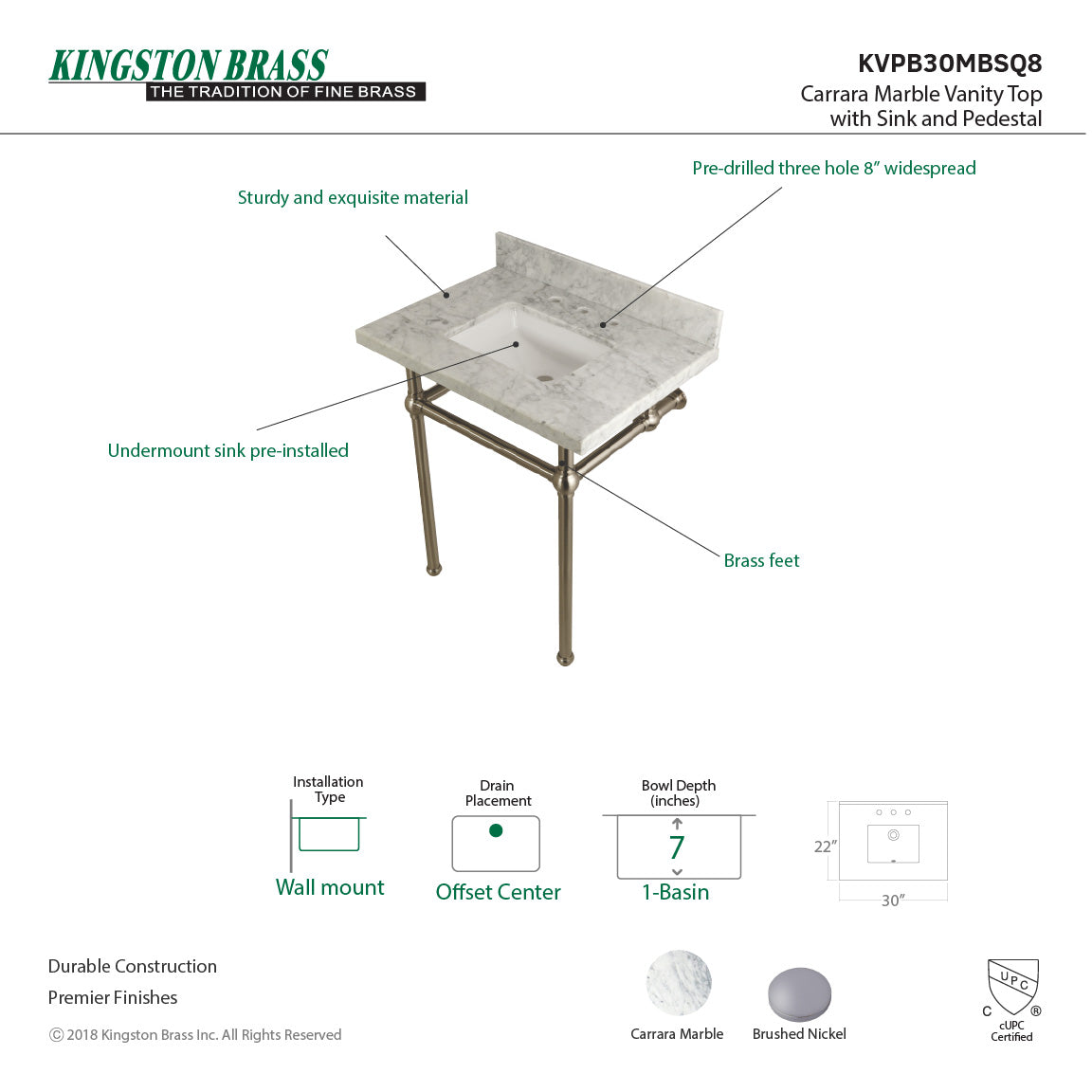 Templeton 30" Carrara Marble Vanity Top with Brass Legs (8-Inch, 3-Hole) in Carrara Marble White/Brushed Nickel
